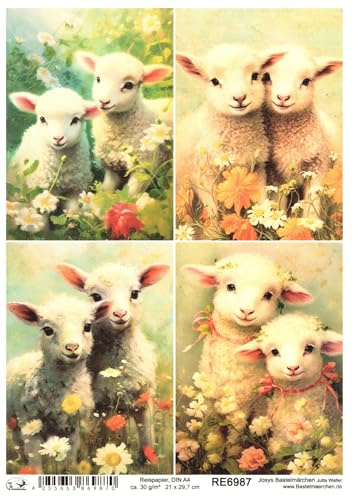 Josys Bastelmärchen Reispapier DIN A4 Strohseide Decoupage Motiv Ostern Schaf Lamm Blumen RE6987