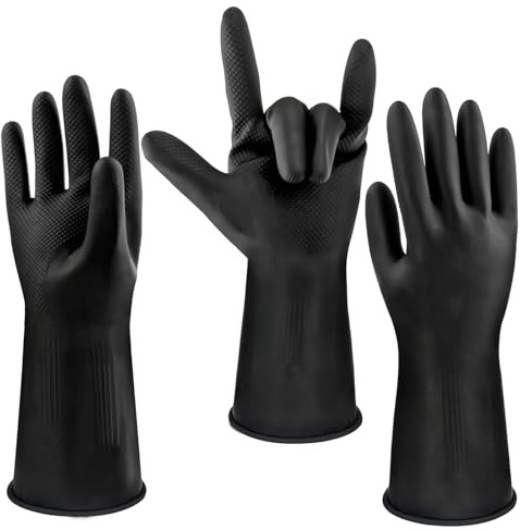 Discoball 3 Pairs Thickened Reusable Rubber Gloves, Medium - Non-Slip, Black, Long-Cuffed, Household Waterproof for Dishwashing, Kitchen Cleaning, Gardening & Heavy Duty Rubber Gloves