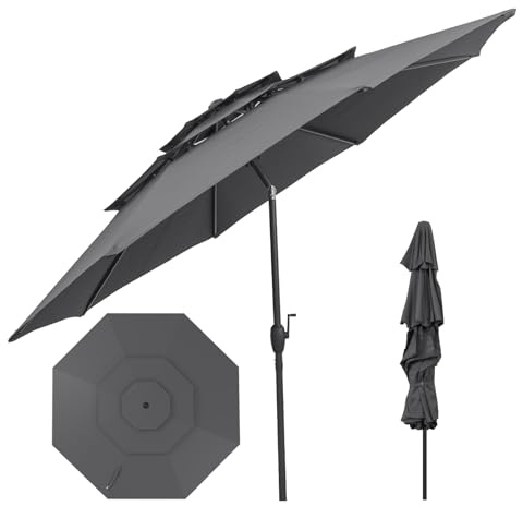 SPOTRAVEL 3M Tilting Garden Parasol Umbrella for Sun Protection, 3 Tier Patio Outdoor Waterproof Heavy Duty Sun Shade Umbrella with Tilt & Crank (Gray)