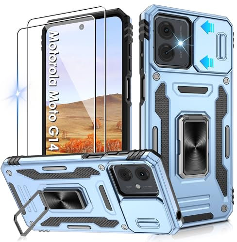 Jshru for Motorola G14 Phone Case with Screen Protector-Camera Protective Cover | Ring Stand Moto G14 Case for Men and Women | Shockproof Bumper Phone Cover for Motorola Moto G14,Light Blue