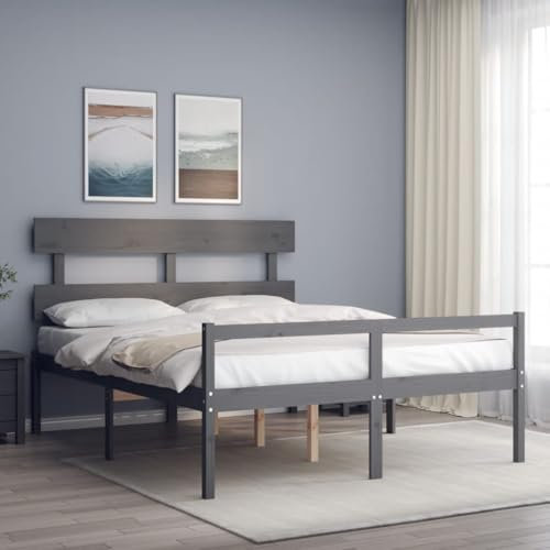 OHOOWOO Seniorenbett mit Kopfteil Grau Kingsize Massivholz,Ergonomisches Seniorenbett aus Massivholz mit viel Stauraum | komfortabel, pflegeleicht und stützend