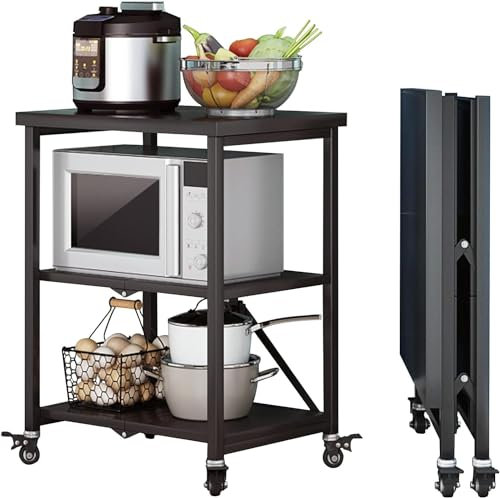 Estantes de origami de 3 niveles con ruedas – Carro grande plegable para isla de cocina con almacenamiento de acero inoxidable – Carrito utilitario con ruedas de bloqueo para cocina, excluyendo otros