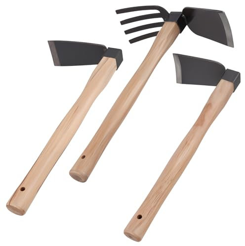 CHEUKYIU Bodenbea - Lot de 3 bines de jardin avec houe plate large - Pioche plate étroite - Pioche plate - Pioche à quatre dents - Binette noire avec poignée couleur bois