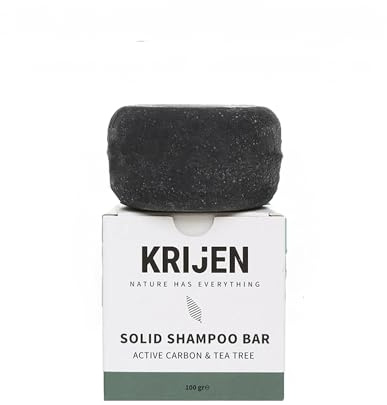 Krijen Vegan-Festes Shampoo mit Süßmandelöl, Teebaumöl und reinem Bambuskohle 100 g | Erfrischend und für fettiges Haar, mit pflanzlichem Protein und Provitamin B5|Handgefertigt