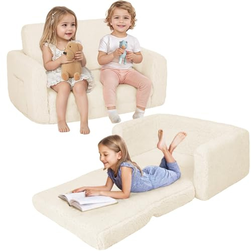 Sofá cama 2 en 1 para niños, silla extra ancha para niños con bolsillos laterales y funda extraíble, sillones convertibles para niños y niñas (beige)