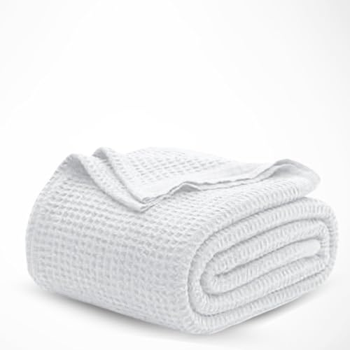 Cotton Waffle Weave Blanket Soft Woven Lightweight Breathable Bed Blanket Queen Size for Layering Any Bed, Couch Sofa, Home Decor for All Season (White - 90x 90 INCHES)
