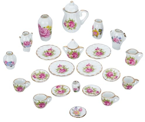 FINGERINSPIRE 2 juegos de té en miniatura: 7 jarrones de porcelana y 15 tazas de té de porcelana teteras estilo flor para mini jardín, mini casa, cocina y proyectos en miniatura DIY