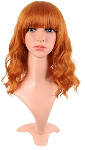 MapofBeauty 14 pulgadas/35 cm corto ondulado rizado mujeres frescas brillantes sintéticas ordinarias flequillo plano Bob peluca (naranja claro)