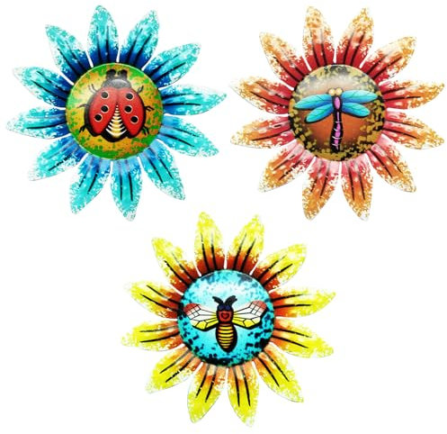 Plipdhy 3PCS Metal Sunflower Garden Wall Ornaments Outdoor,6.29 3D Colorful Outdoor Fence Wall Sculptures Art Decor for Sheds Fences Yard Decorations Wall Hanging(Dragonflies Bees Ladybugs)