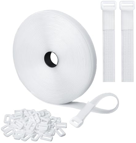 Vatiyszk 10m Adjustable Cable Straps with 50 Buckles, Reusable Fastening Cable Ties, Free Cut Length, White Hook and Loop Cinch Straps for Cable Tidy, Wire Management, Cord Organiser, 2cm Wide
