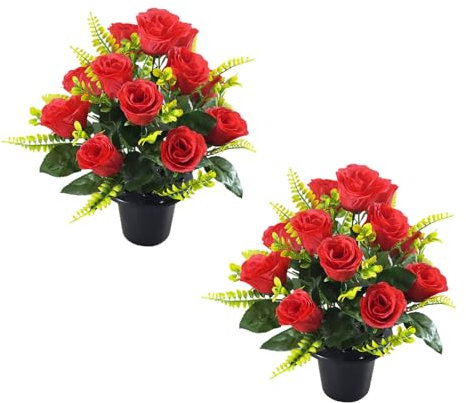 YUGSHNKFC 2 Composizioni Floreali Finte Facili da Mantenere Robuste Rose Finte Fiori da Cimitero per Decorazioni Tombe E La Casa Funebri in Rose Seta
