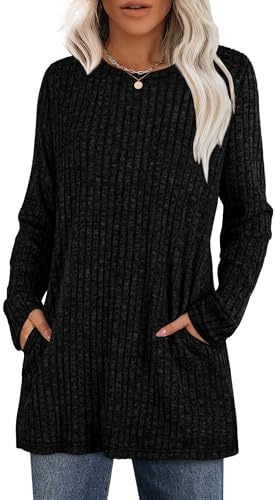 XIEERDUO Tunic Sweaters for Women Black Long Sleeve Shirts School Outfits for Teachers Crewneck Womens Tunic Tops Maternity Clothes with Pockets L