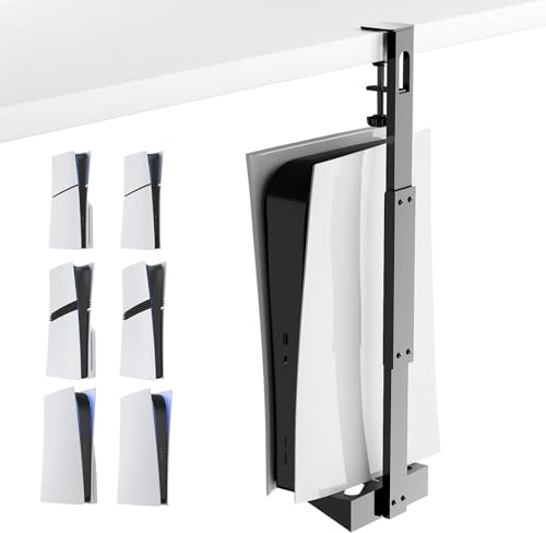 PS5 Support vertical sous bureau pour PS5/PS5 Slim/PS5 Pro, kit de rangement sous bureau en métal sans perçage, compatible avec console PS5/PS5 Slim, édition disque et numérique