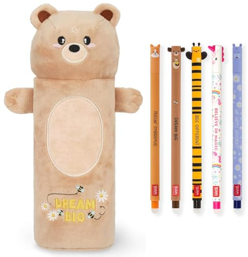 LEGAMI Superweiches Federmäppchen & radierbare Gelstifte | 5er-Set süße Tierstifte mit thermosensitiver Tinte + Plüsch-Federmäppchen (Teddy)