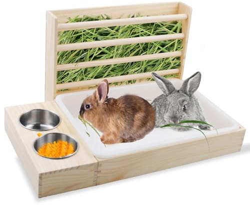 PINVNBY Kaninchen-Heu-Futterstation mit Katzentoilette, 3-in-1 Kaninchen-Futterstation für Meerschweinchen, Katzenklo für Kleintiere, Heuhalter mit Toilette und 2 Näpfen, Combo für Kaninchen