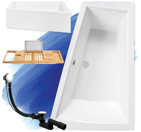 BADLAND Premium Set 5in1 Badewanne Eckwanne Acryl Weiß Wanne INTIMA 170x125 cm Rechts, Made in EU + Verkleidung (AcrylSchürze) + Bambus Badewannenablage, Moderne Design, mit Ablaufgarnitur und Füßen