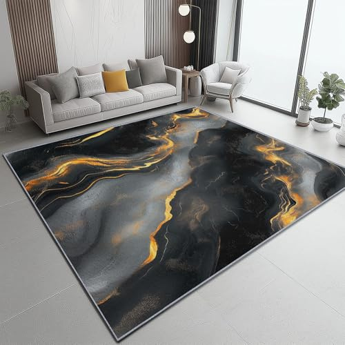 Alfombra de Franela Suave Oro Negro - Diseño Simple Abstracto Mármol Línea de Metal - Antideslizante y Lavable - 80 x 150 cm, Alfombra para Salón Dormitorio Habitación Infantil - Fácil Cuidado