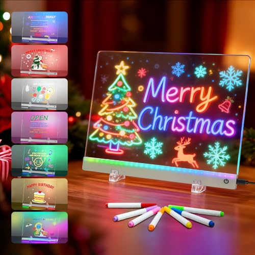 LED Note Board with 7 Colors, 13.7x10 Led Drawing Board for Kids, Rewritable Acrylic Dry Erase Boards with Light, Light up Message Board with 7 Markers, Holiday Trend Gift