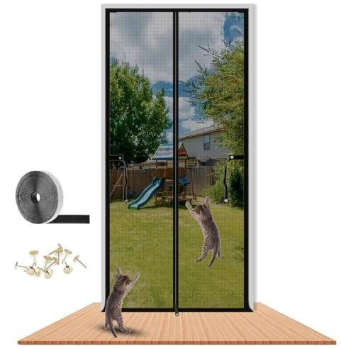 LAIJIANG Puerta mosquitera reforzada para gatos, malla gruesa a prueba de gatos con cierre de cremallera para sala de estar, dormitorio, cocina (negro, 110 x 200 cm)