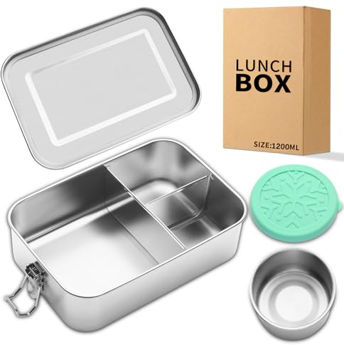 Jekasy Edelstahl Bento Lunch Box (1500ml),3 Fächer Metall Bento Lunch Boxen mit 100ml auslaufsicheren Gewürzbehälter, Metall Lebensmittel Lagerung für Arbeit Erwachsene