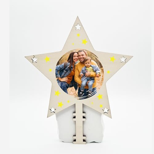 Personalisierte Weihnachtsbaumspitze – Stern 20×24 cm – mit Foto – Holz oder Acryl – mit/ohne Ausgeschnittene Sterne – UV-Druck – Weihnachtsdeko Baumspitze (Holz mit Ausschnitte)