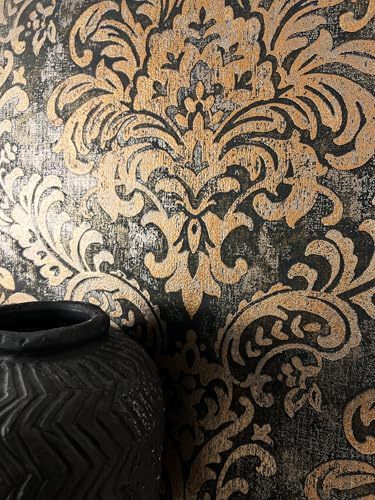 Newroom Papier Peint Intissé Noir Or Baroque - Ornement Vintage Classique pour Salon Chambre