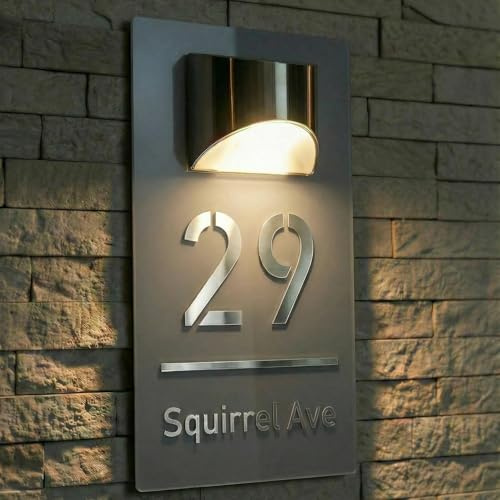 Plaque Numéro de Maison Extérieure Personnalisée Imperméable - Acrylique LED Solaire, 6 Polices - Pour Porte/Mur (4 Tailles au Choix : 15x25cm, 15x29cm, 18x32cm, 22x35cm)(Gris-Argent)