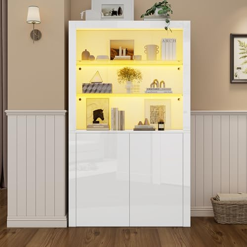 Ball & Cast Standvitrine mit Beleuchtung, Vitrine mit Offenen Fachböden für Wohnzimmer, Schlafzimmer & Büro, Weiß