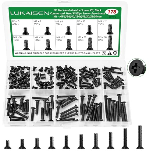 Lukaisen M3 Machine Screws,178PCS Black Carbon Steel Flat Head Screws Kit | M3 x 5/6/8/10/12/16/18/20/25/30mm, Carbon Steel Black Metric Screws, for 3D Printer & Wall Socket Outlets, Storage Box