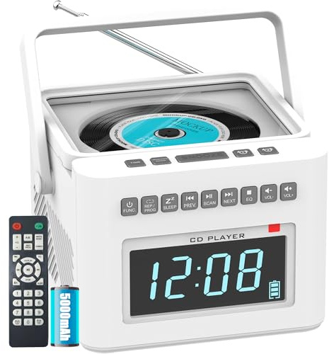 Greadio CD Player Alarm Clock Boombox with Bluetooth, 5000mAh Boombox Clock Radio with CD Player, White Noise, FM/AUX/USB/TF/Dimmer/Remote Control, Large LCD, Portable CD Radio Player for Home (White)