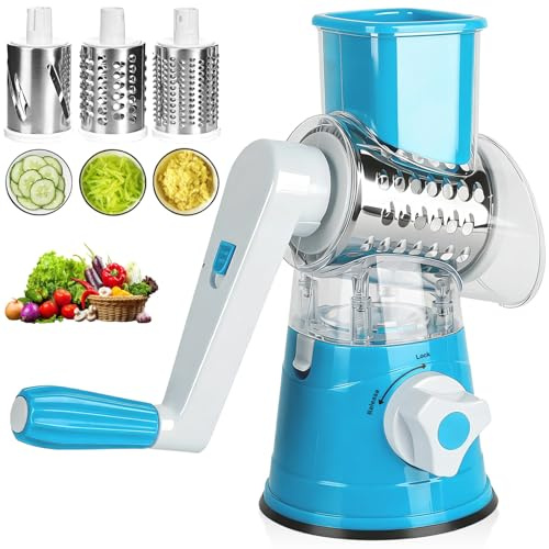 Grattugia Formaggio Maniglia Girevole Manuale con 3 Lame Tamburo Acciaio Inox Intercambiabili (Grattugiare/Affettare/Tritare), Mandolina Verdure Multifunzionale per Formaggio, Cetriolo, Carota, Patate