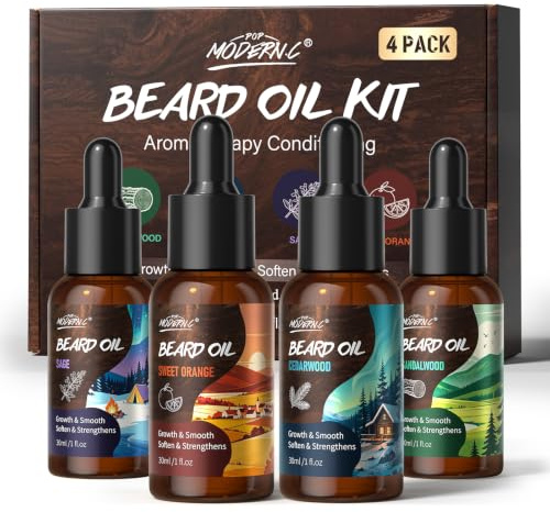 Huile à Barbe, Cadeau Naturel pour Homme, Parfum Bois de Santal, Cèdre, Sauge et Orange Douce, avec Jojoba et Argan, Hydratant, Assouplissant, Favorise la Pousse et Conditionneur (Lot de 4)