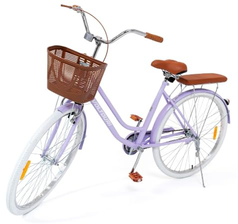THUNDER VOLTOURI Citybike 28 Zoll Damenfahrrad – Retro Fahrrad mit Korb & Gepäckträger, Stahlrahmen 17”, 1 Gang, V-Brake & Rücktrittbremse, Schutzbleche, Ständer, (LILA)