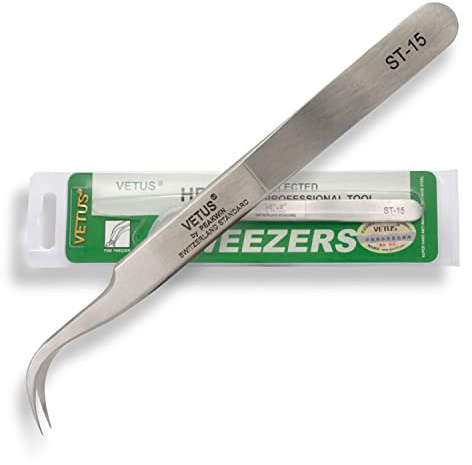 P-Beauty Cosmetic Accessories | VETUS Ögonfransar, pincett för ögonfransförlängning, ST-15, perfekt för enskilda ögonfransar och volymteknik, inklusive skyddskåpa | (ST-15)