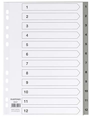 5er Set 12-teiliges Register/Trennblätter aus PP, DIN A4 mit Zahlen 1-12, volldeckend + praktischem Deckblatt aus stabilem Papier zum Beschriften. Trenn-Blätter für die Ordner-Organisation im Büro
