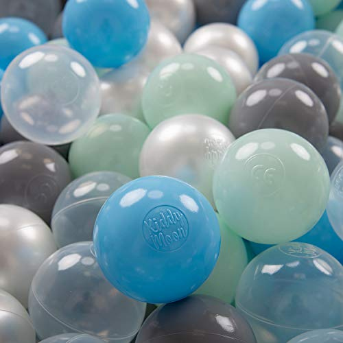 KiddyMoon 50 Ø 7 cm barnbollar lekbollar för bollbad baby plastbollar tillverkade i EU, pärla/grå/transparent/babyblå/mynta