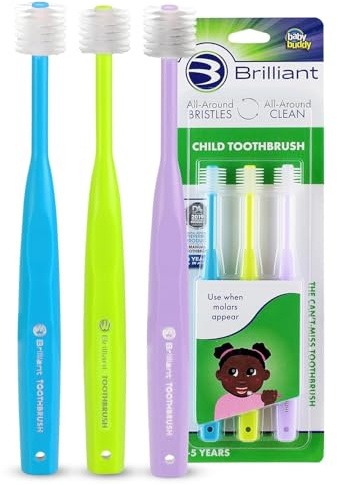 Brilliant Oral Care Child Toothbrush with Soft Bristles and Round Head, for a Kid Approved, Easy to Use All-Around Clean Mouth, Ages 2-5 Years, Sky Blue Lime Lilac, 3 Pack