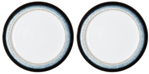 Denby - Halo Medium Plates Set of 2 - Reactive Glaze Dishwasher Microwave Safe Crockery 24.5cm - Black, Grey White Ceramic Stoneware Tableware - Chip & Crack Resistant
