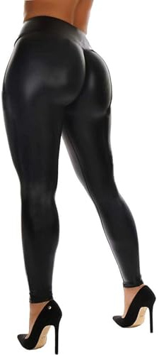 RIOJOY Sexiga läderleggings för kvinnor, PU hög midja, rumplyft, pleather pants, stretchiga, fuskläder, tights, push up, A-basic matt svart, XL