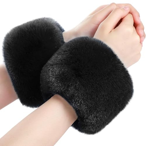 SATINIOR Faux Fur Wrist Cuffs Short Wrist Warmers for Women, Black