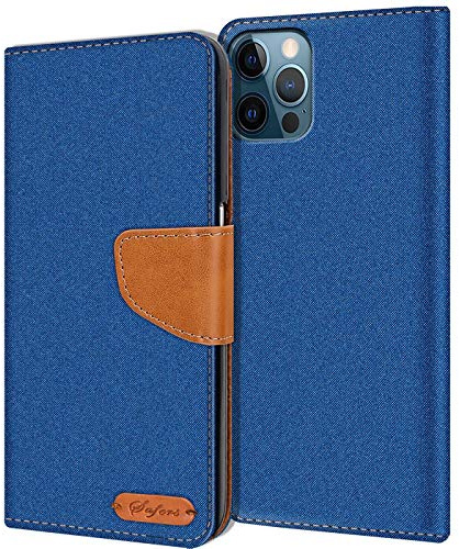 Verco Coque pour iPhone 12 Pro Max 6.7 Pouce, Étui Portefeuille Compatible avec Apple iPhone 12 Pro Max Case Textures de Fibre Housse de Protection, Bleu