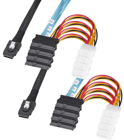 Mini-SAS to SAS-Cable, SFF-8087 to (4) SFF-8482 Connectors with SATA Power Adapter and Extra 4 x (4) pin Power Cable, 1M/3.3FT, 2 Pack