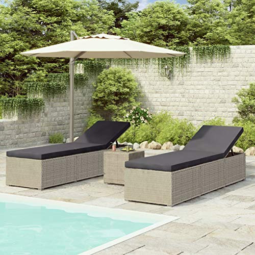 Festnight 3-TLG. Garten-Sonnenliegen mit Teetisch Relaxliege Doppelliege Rattanliege Outdoor Strandliege Strandstuhl Gartenliege Poly Rattan Grau