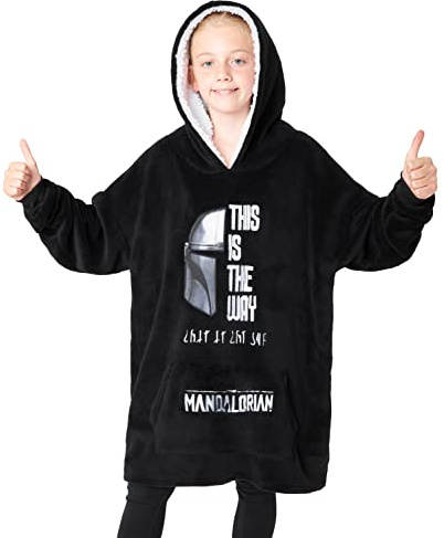 Get Trend The Mandalorian Sweat à Capuche Enfant - Pull Plaid Oversize en Polaire Baby Yoda (Noir)