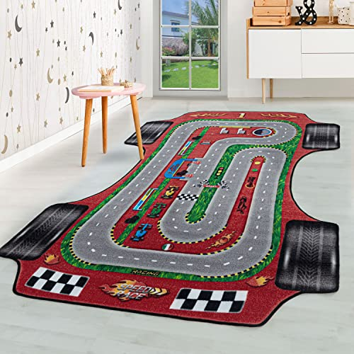 HomebyHome Kurzflor Kinderteppich für Jungen und Mädchen 100 x 150 cm Rot Grandprix Design - Waschbarer Teppich Extra Weich und Antiallergen - Teppich für Kinderzimmer, Babyzimmer und Spielzimmer