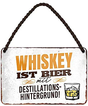 Whiskey Schild - lustiges Whiskey Spruch Blechschild - witziges Retro Deko Metallschild mit Kordel und Saugnapf - Dekoration Partykeller Bar Partyraum Kneipe - Geschenk für Whisky Liebhaber - 18x12cm