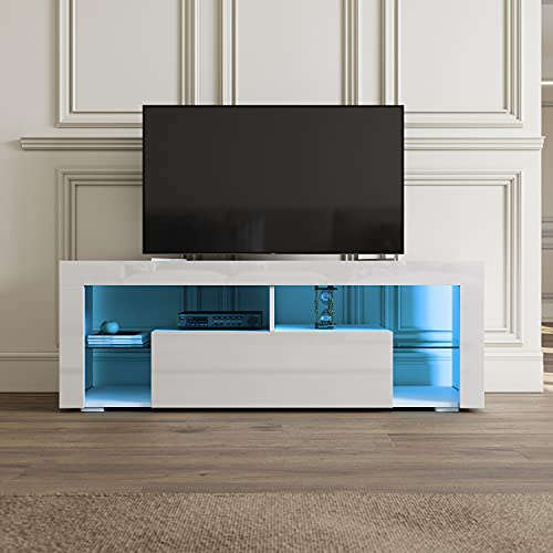 SIRHONA LED Meuble TV Blanc, avec 2 Compartiments et 1 Portes Bois avec Rangement, Meuble Télé en Verre, avec éclairage LED RVB 16 Couleurs, Salon Chambre, Moderne