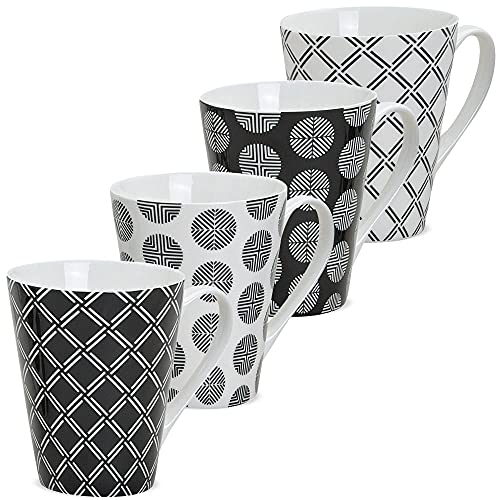 Lot de 4 tasses en noir et blanc – Belles tasses à café en céramique de 250 ml pour cappuccino café thé – Tasse à café exceptionnelle – Passe au lave-vaisselle et au micro-ondes comme cadeau