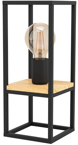 EGLO Tischlampe Libertad, 1 flammige Tischleuchte | Nachttischlampe aus Metall in Schwarz und Holz in Natur, Wohnzimmerlampe, Lampe mit Schalter, E27 Fassung