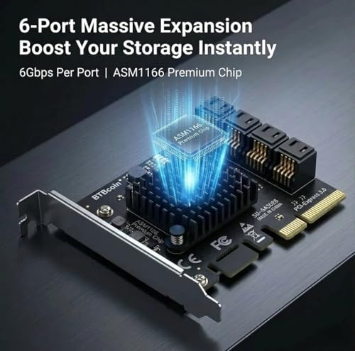 BTBcoin PCIe x4 to 6 Port SATA 3.0 Controller Card for PC Unraid | PCIe 3.0 x4 6-Port SATA card (ASM1166) for Unraid/TrueNAS. 2GB/s non-RAID storage expansion.